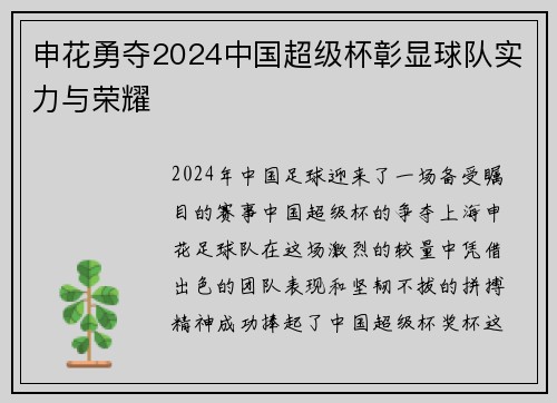 申花勇夺2024中国超级杯彰显球队实力与荣耀